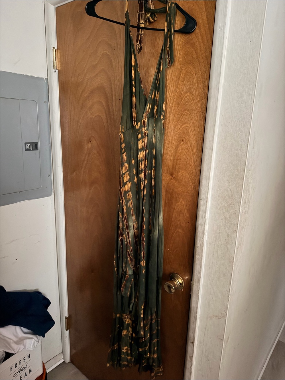 Maxi Halter Dress in Olive Green and Gold Accents